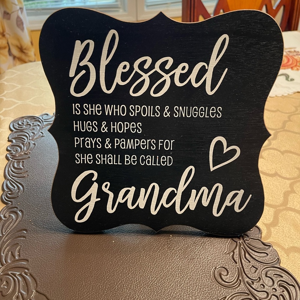 Black and White 'Blessed Grandma' Sign with a stand in the back